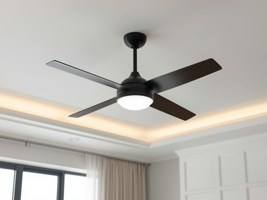 ceiling fan and modern light fixture installed in a bright living room, minimalist decor, professional installation look, no people, ultra high resolution photo